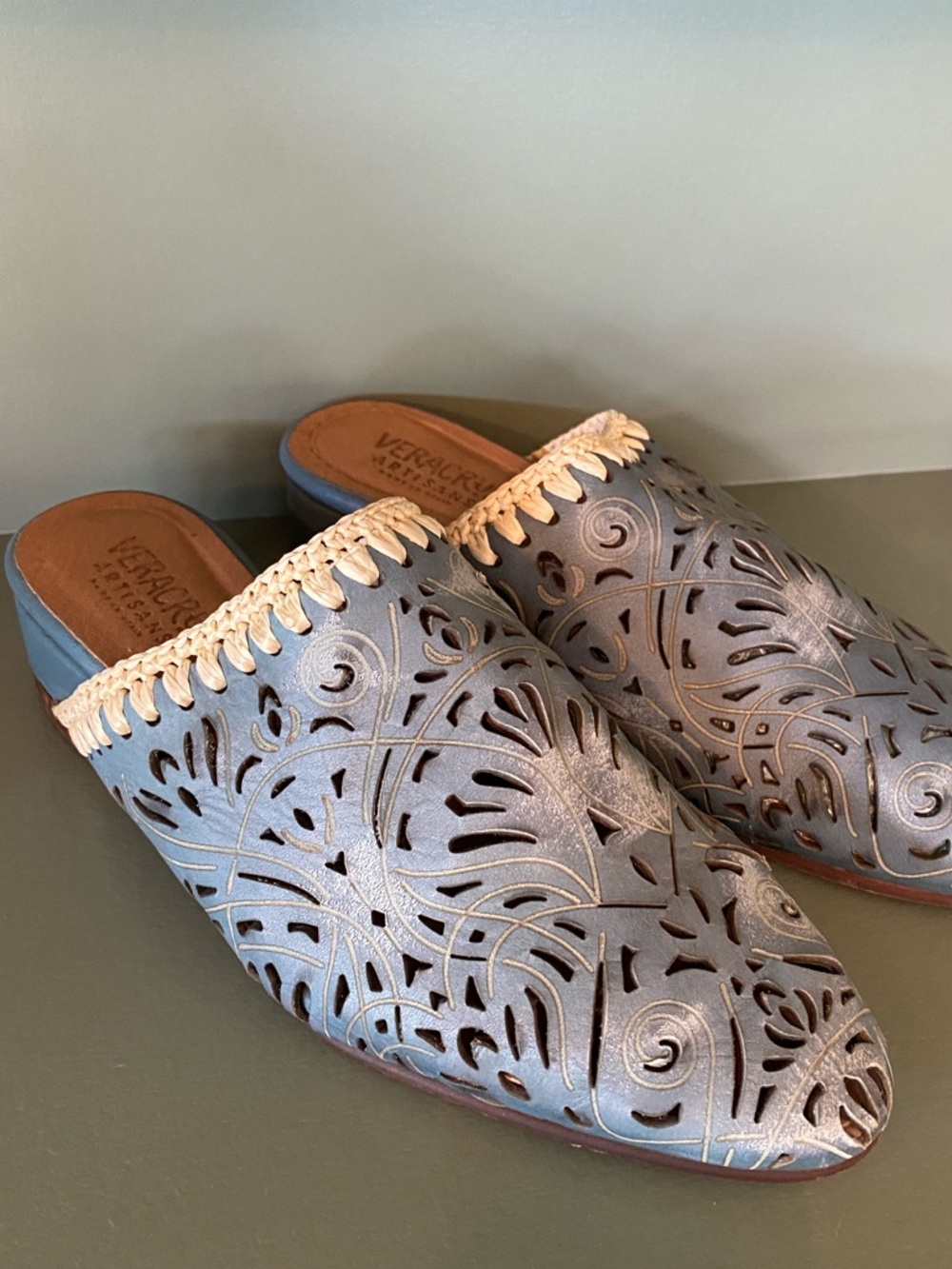 Vera Cruz Artisan Distressed Leather Slip-On Mules with Cream Trim